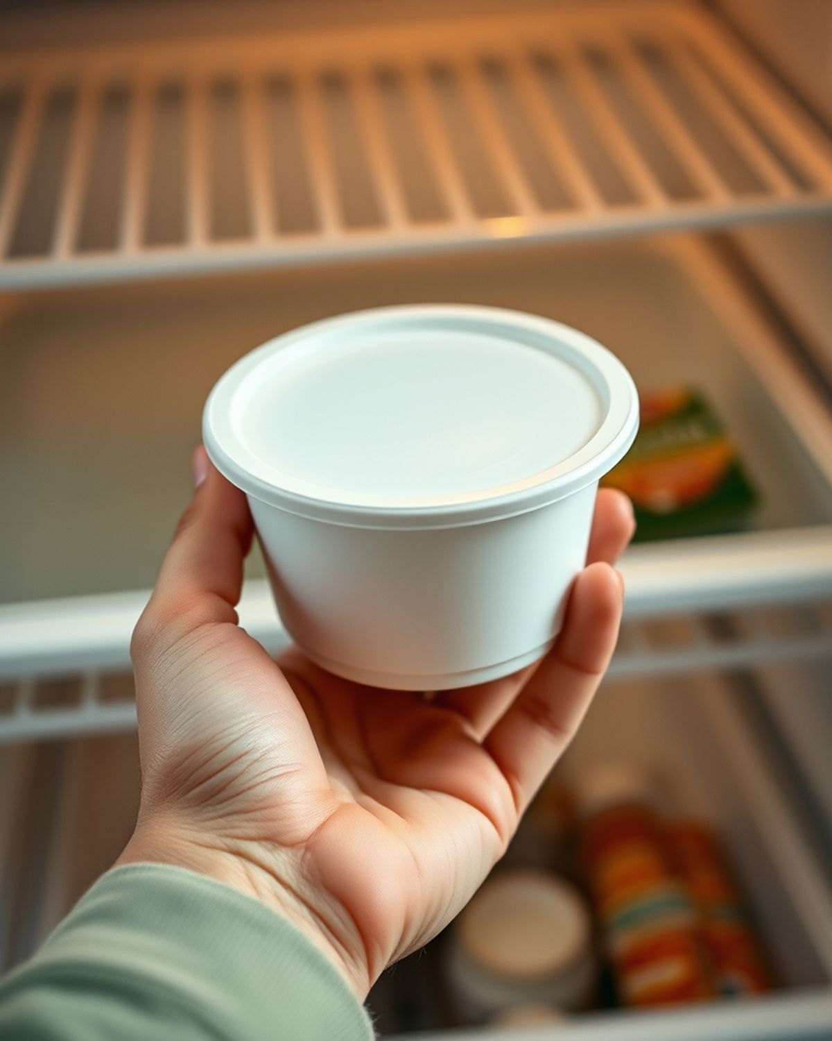 Main tenant un pot de crème fraîche devant un réfrigérateur ouvert pour en vérifier la date