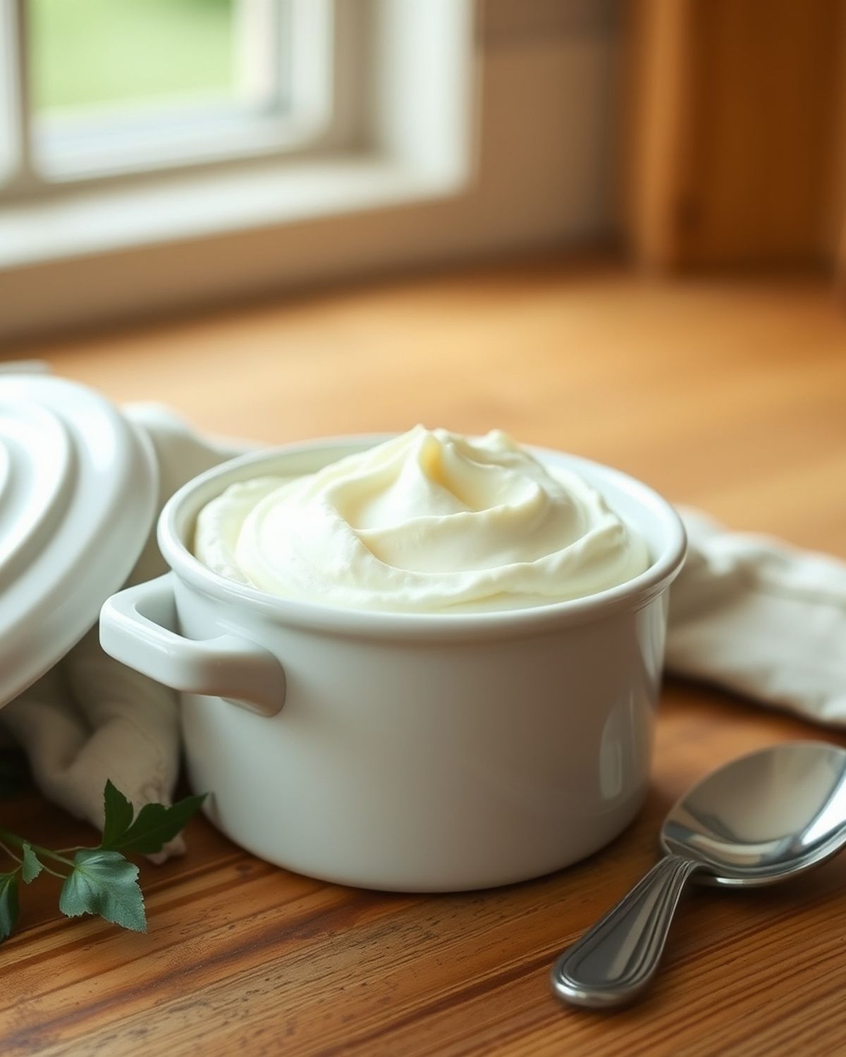 Pot de mascarpone ouvert posé sur un plan de travail en bois, couvercle et cuillère à côté