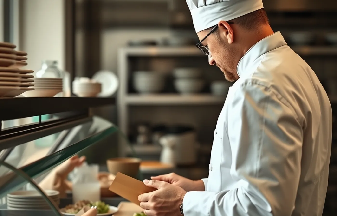 Cuisinière en veste blanche contrôlant un produit au passe d’une cuisine professionnelle