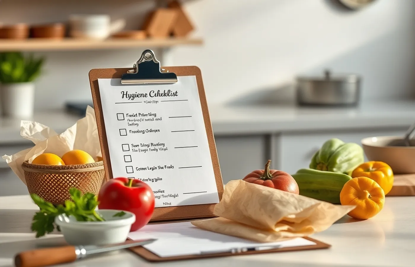 Table de travail d’une cuisine professionnelle avec fiches de contrôle et produits frais