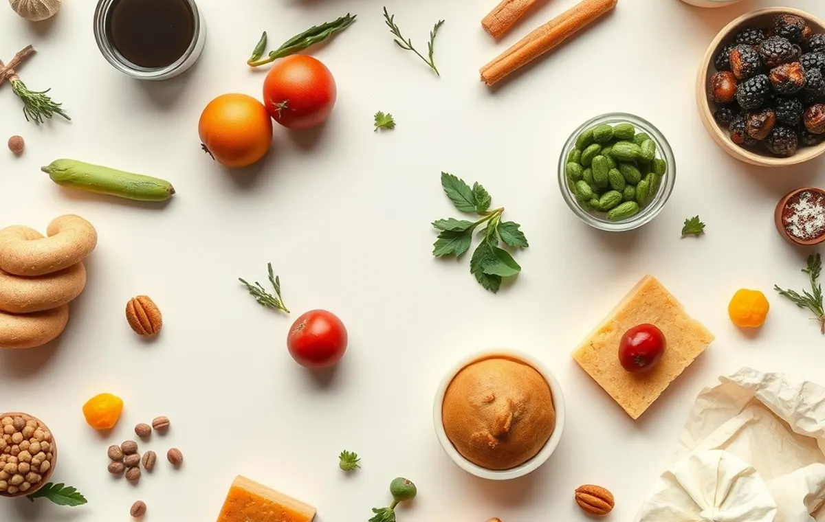 Table de cuisine dressée avec des produits de saison