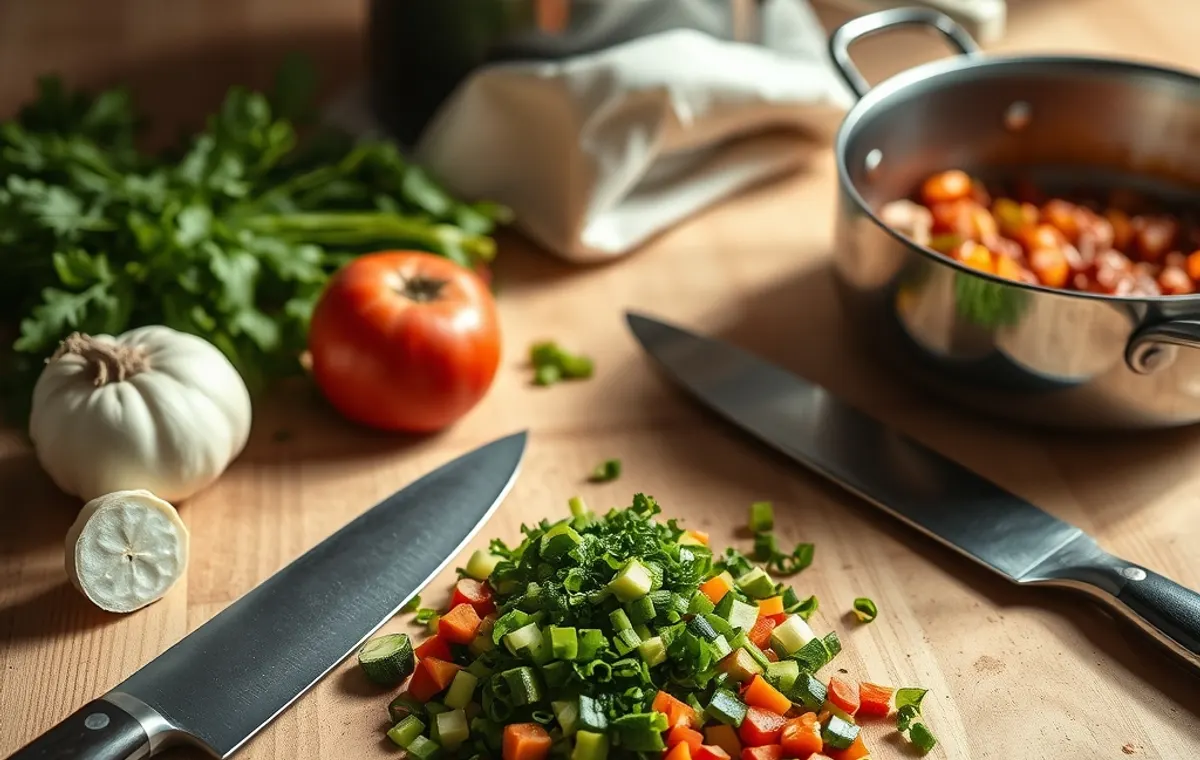 Légumes de saison taillés, couteau de chef et casserole sur un plan de travail